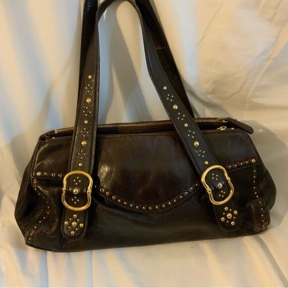 MICHAEL KORS Brown Leather Studded LARGE Shoulder Bag Purse Vintage - Picture 2 of 16